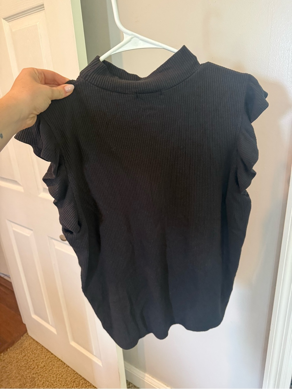 Ribbed Black Ruffle Sleeve Top for Women